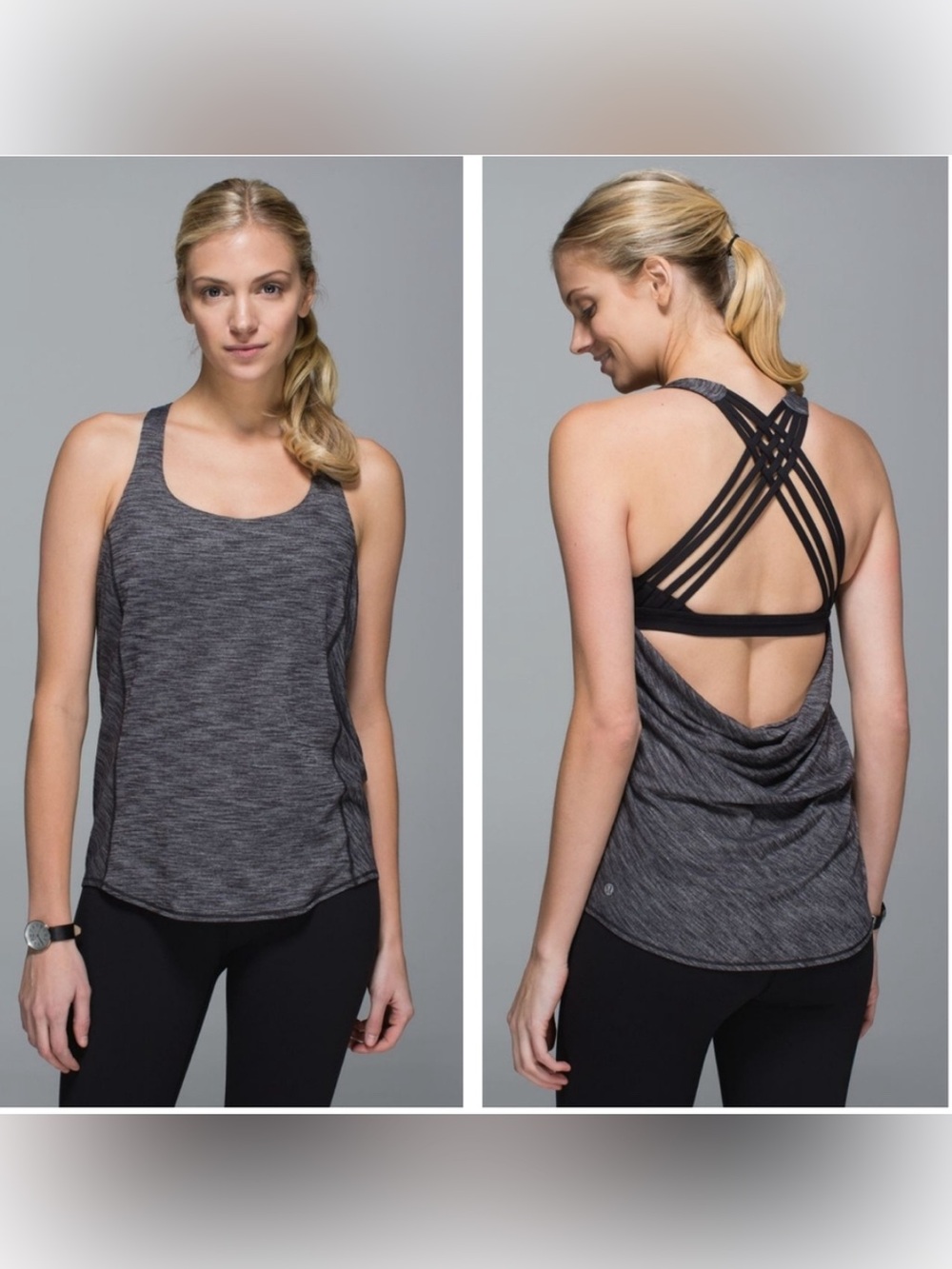 Lululemon Wild Tank Heathered Gray Black Strappy Open Back Yoga Top Size 6